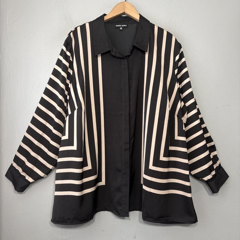 Modern Works Satin Blouse Plus Size 2X Black Tan Geometric Stripe Career Chic